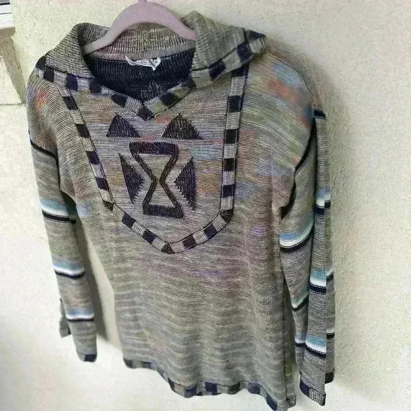Vintage Kimlon sweater. 100% Acrylic fiber. Western Aztec print. V neck. Blue - Picture 3 of 7